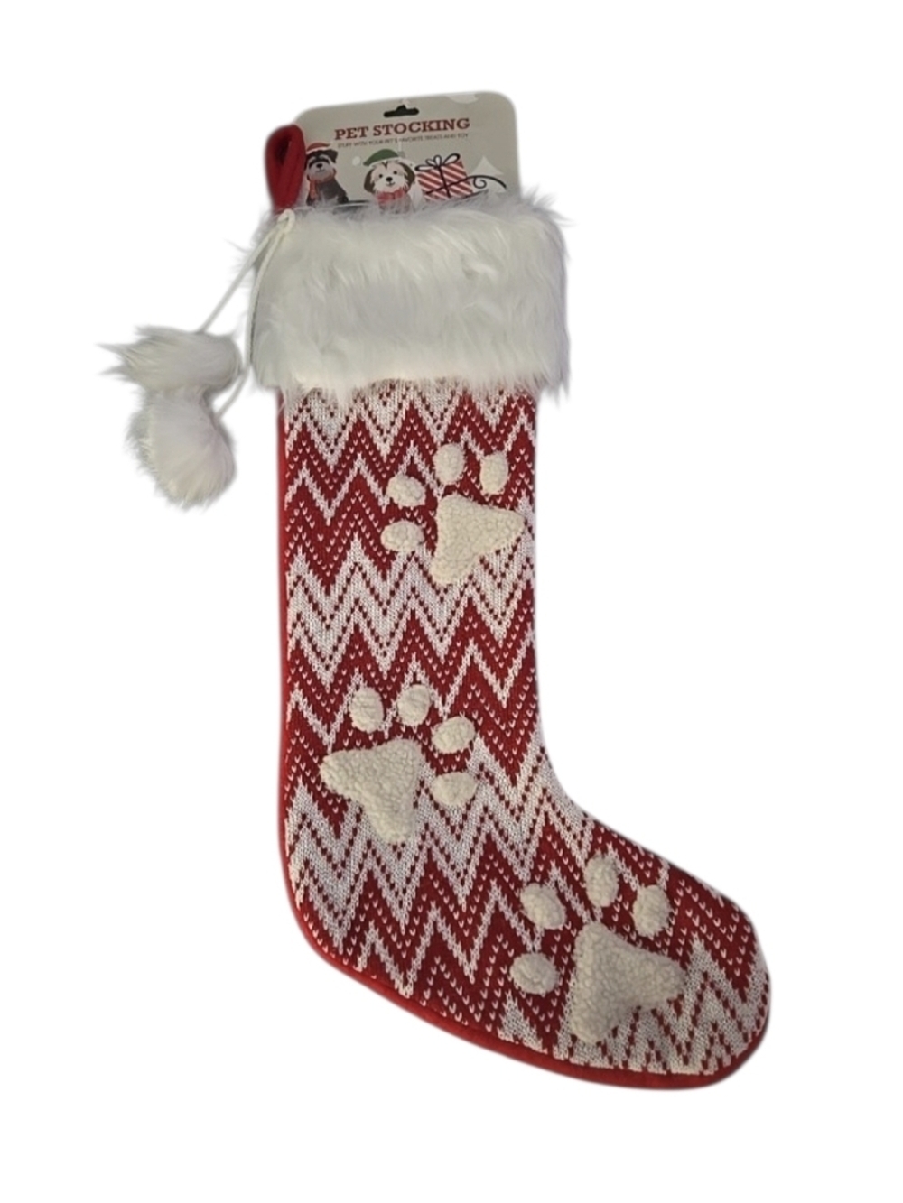 19.5" Dog Christmas Stocking, Knitted W/Pom Poms and Paw Prints Pet Santa Paws